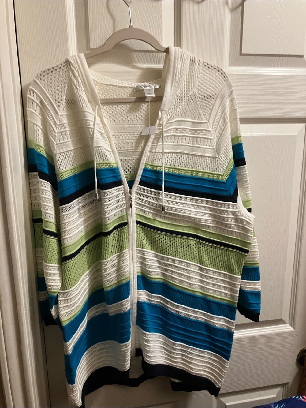CJ Banks White, Blue & Green Striped Hooded Cardigan